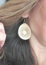 Load image into Gallery viewer, Slick Silver metallic wood teardrop earrings with sunburst engraving
