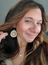 Load image into Gallery viewer, Bold Bronze metallic wood teardrop earrings with engraved sunburst design

