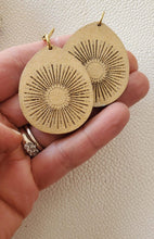 Load image into Gallery viewer, Lightweight metallic wood teardrop earrings shown as boho statement jewelry
