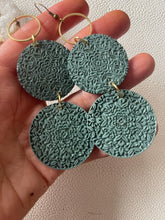 Load image into Gallery viewer, Tahiti lightweight blue wood earrings with engraved detail, original Etsy photo 6
