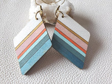 Load image into Gallery viewer, Colorful striped diamond-shaped wood earrings in blue, peach, pink, white and gold
