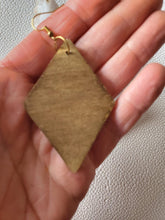 Load image into Gallery viewer, Back of colorful striped wood earrings with walnut stain
