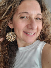 Load image into Gallery viewer, Hand-painted colorful floral wood dangle earrings close-up
