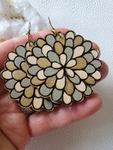 Load image into Gallery viewer, Gerbera flower wood dangle earrings in peach and gold tones
