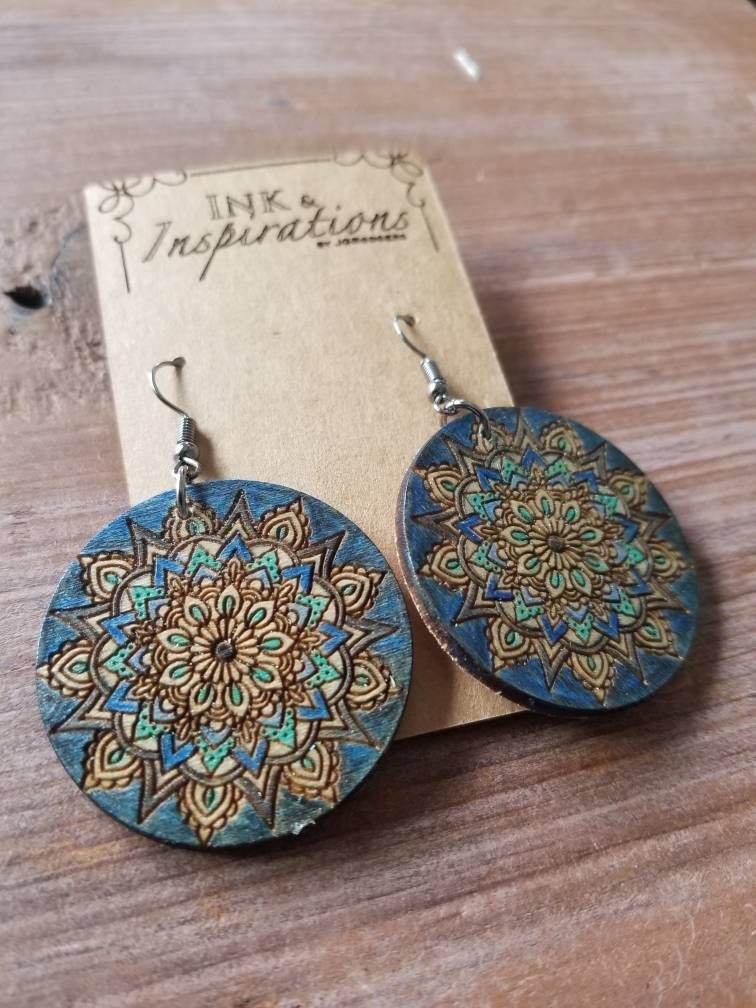 Ocean Mist Wood Mandala Earrings