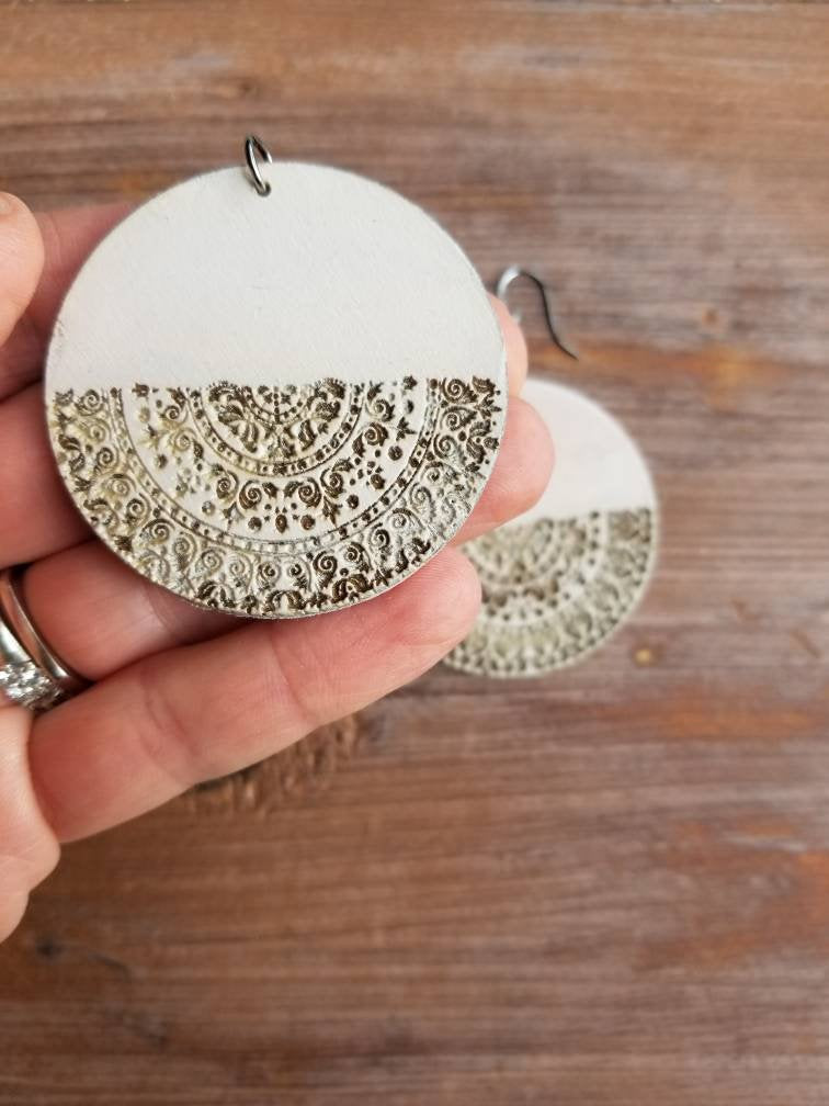 Half Moon Mandala Light Wood Earrings