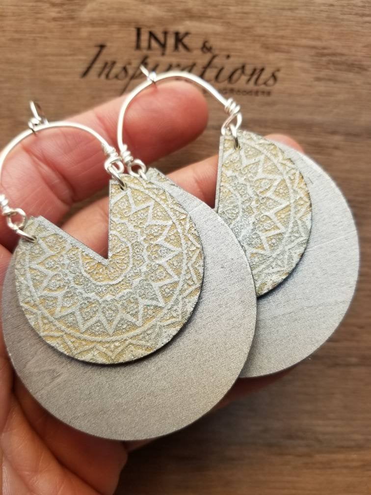 Silver Mandala Wood Earrings